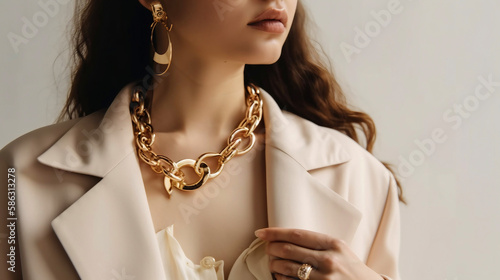 Woman in a light beige jacket wearing a golden chain necklace