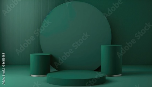 Empty podium  mock up placement display  blank beauty stand for cosmetic product fashion ads on minimal green background. Luxury pedestal stage mockup scene platform ai generative concept.