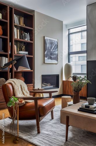 Generative IA illustration of a modern apartment living room with modern wooden furniture and fireplace with lots of natural light