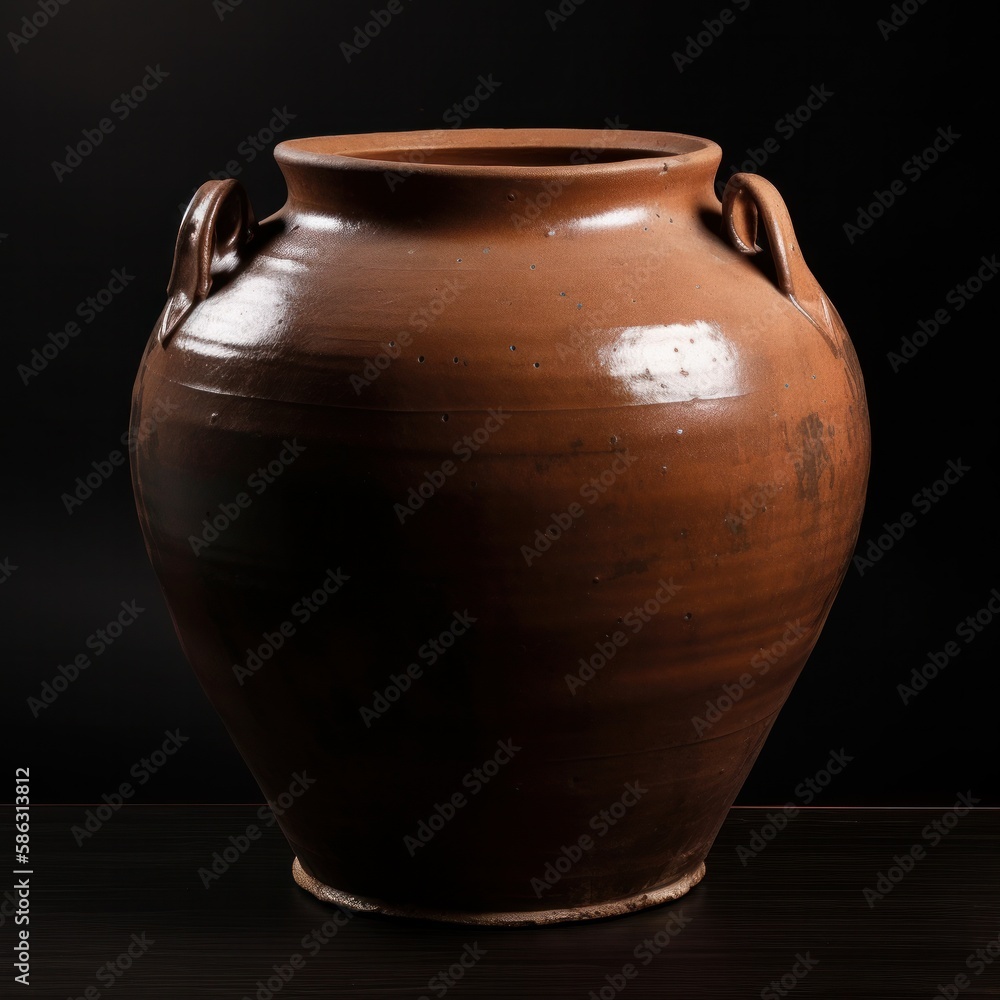 Generative AI image of handmade terracotta clay round pot with handles near circle mouth shining in daylight while placed on hard surface against dark background