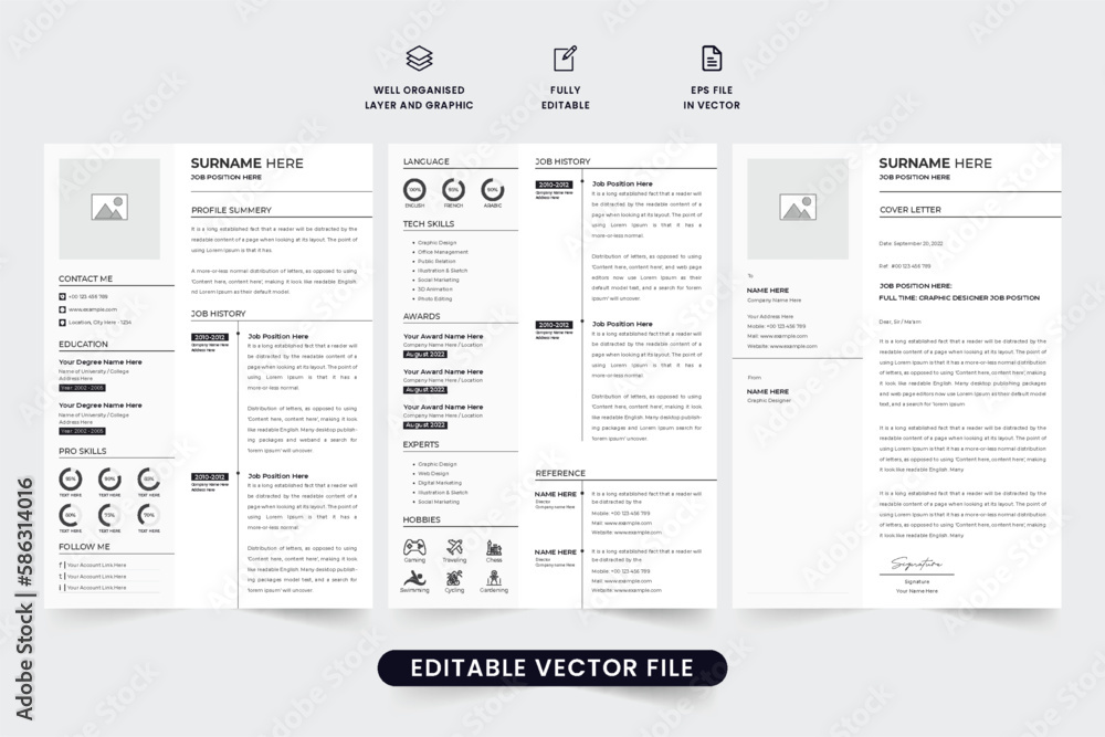 Simple job application CV template with experience and skill section for the corporate office. Resume template design with photo placeholders. Office employment CV layout vector with a cover letter. Simple job application CV template with experience and skill section for the corporate office. Resume template design with photo placeholders. Office employment CV layout vector with a cover letter.