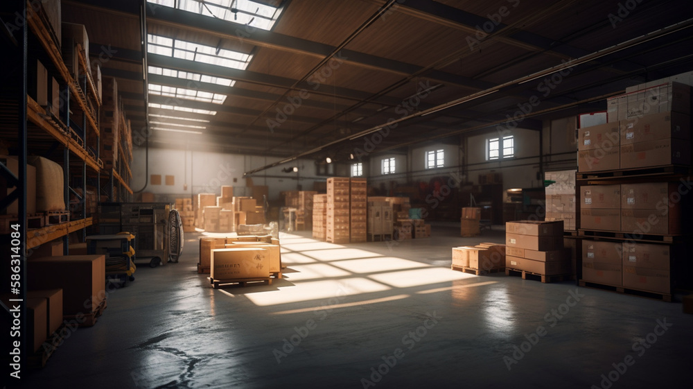 Warehouse or storage and shelves with cardboard boxes. Industrial background Warehouse or storage and shelves with cardboard boxes. Industrial background