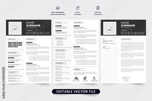 Simple CV and cover letter template vector with photo placeholders. Corporate resume and job application template vector with dark color. Office employment CV and resume layout design for business.