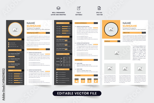 Professional CV template vector with yellow and dark colors. Modern job application and cover letter design with photo placeholders. Corporate resume and portfolio layout vector for an office job.