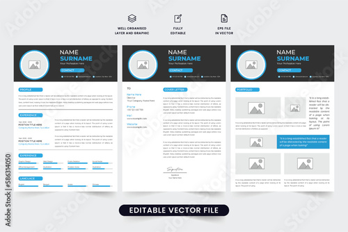 Creative resume template design with employee portfolio. Job application CV layout and cover letter design with aqua blue and dark colors. Corporate office employment resume template vector.
