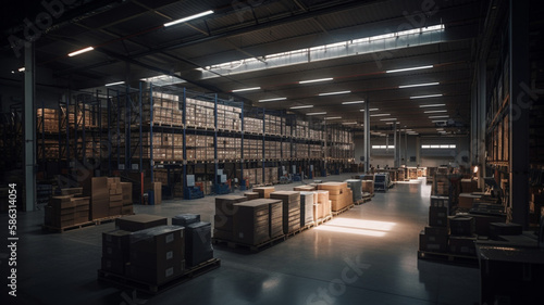 Warehouse or storage and shelves with cardboard boxes. Industrial background