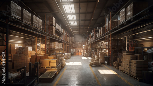 Warehouse or storage and shelves with cardboard boxes. Industrial background