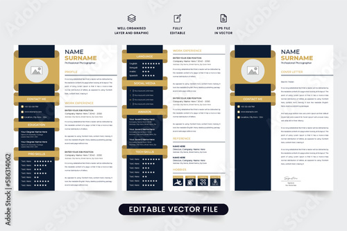 Resume template vector for office employment. Office employee CV and resume vector for a job application and official work. Corporate Resume layout template design with golden and dark colors.