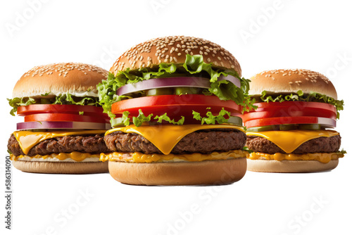 a restaurant-themed photographic illustration featuring an isolated group of juicy cheeseburgers with lettuce, tomato, onion, and cheese, set on a transparent background in PNG. Generative AI