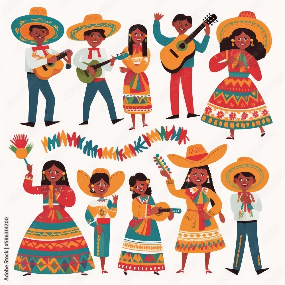 A digital graphic illustration for Cinco de Mayo in bright colors. Generative AI. 