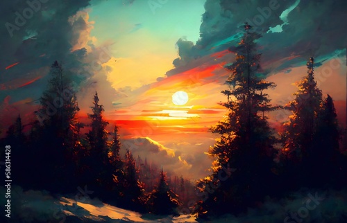 sunset in the mountains, spruce winter forest, beautiful winter landscape, generative AI