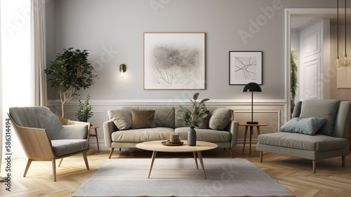 Minimalistic Modern Living Room Mock-Up with Bright Picture Frame and Concept Wallpaper © Salino