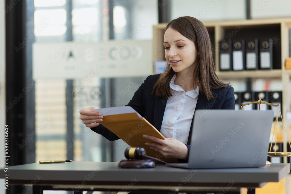 Fototapeta premium law hammer, law contract, Lawyer woman, Attorney and notary concept.