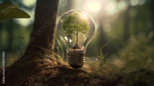 Tree growing in light bulb with sunshine in nature. Saving energy and eco concept. Earth hour. photo