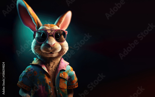 Cool bunny with sunglasses on colorful blurred background. Generative Ai © Nokhoog