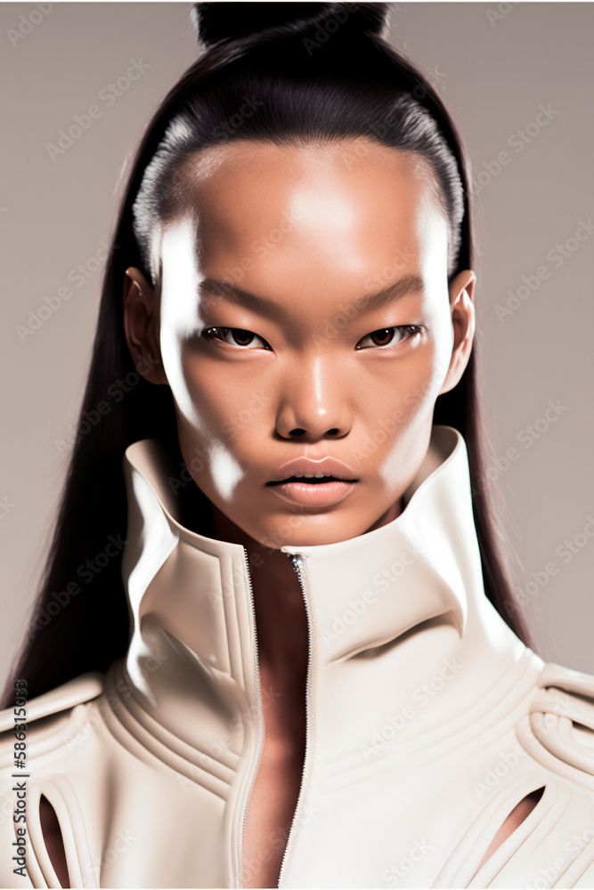 Fototapeta premium portrait of a woman, close up studio portrait of a girl with asian features, image created with ia