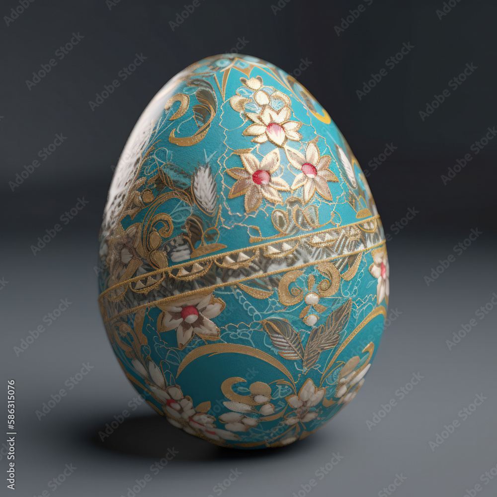 Un oeuf bleu gravé au motif fleuri doré et rouge sur un fond noir et gris Un oeuf bleu gravé au motif fleuri doré et rouge sur un fond noir et gris