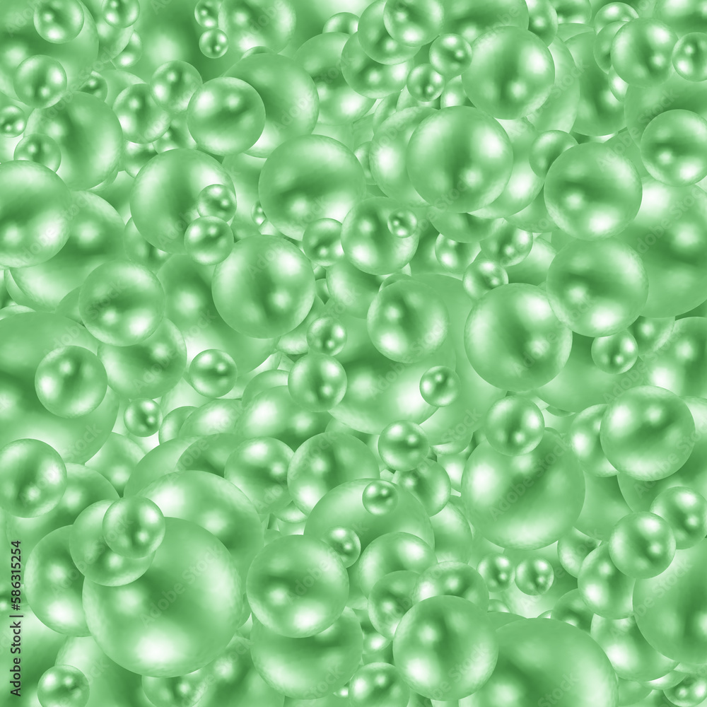 Pearl green balls of different sizes are scattered. Modern beautiful background. 3D illustration, 3D rendering.