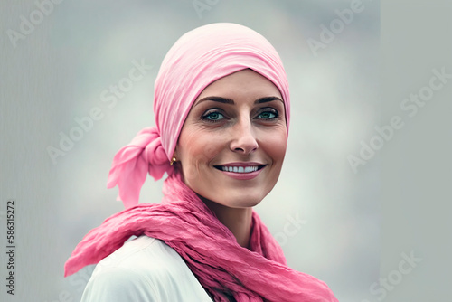 portrait of a woman, Portrait of a middle-aged woman with a scarf on her head, symbol of the fight against cancer, image created with ia.