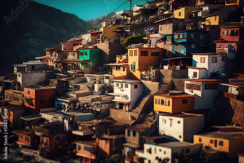 Beautiful houses steep neighborhood slum mountains environment concept,generative ai. photo