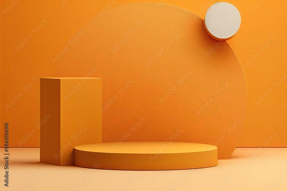 Empty podium, mock up placement display, blank beauty stand for cosmetic product fashion ads on minimal orange background. Luxury pedestal stage mockup scene platform ai generative concept. - obrazy, fototapety, plakaty 