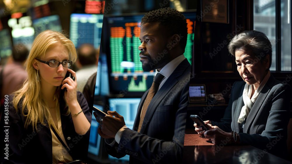 Realistic illustration of worried people in stocks exchange. Banks bankruptcies create uncertainty for investors. Banks crises sink as a fear. Diversity on the trading floor. Generative AI Realistic illustration of worried people in stocks exchange. Banks bankruptcies create uncertainty for investors. Banks crises sink as a fear. Diversity on the trading floor. Generative AI