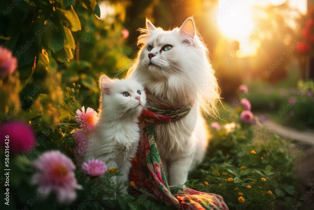 maternal love between two Persian cats, a mother and her kitten, who proudly wear lgtbi scarves on their necks,welcoming spring, Generative AI
