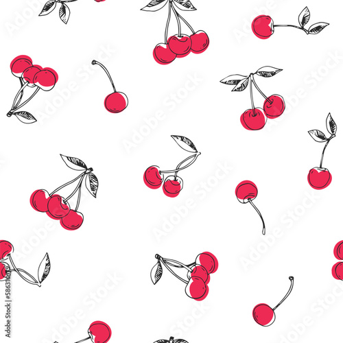 Vector seamless pattern with cherry isolated on white. Hand-drawn texture with fresh fruits.