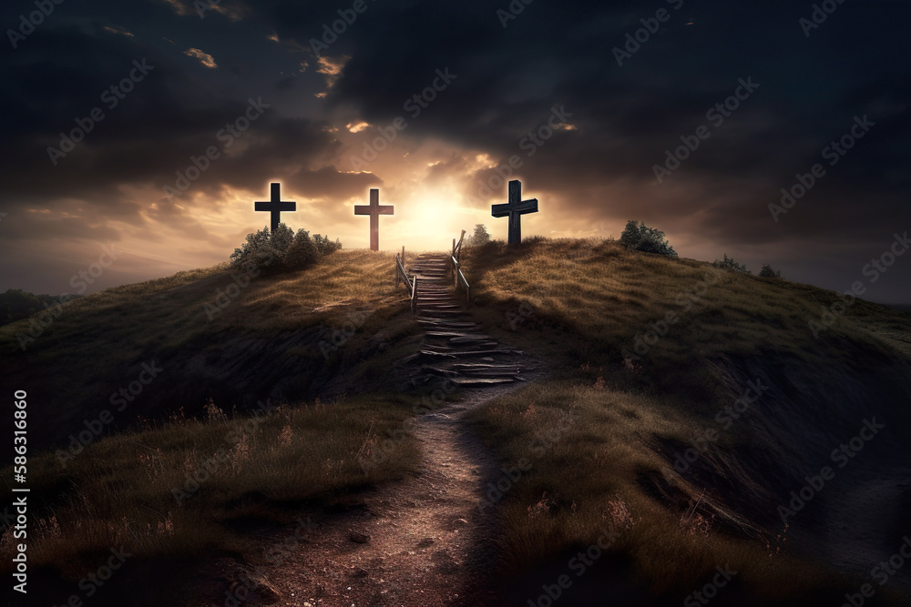 Christian cross on hill outdoors at sunrise. Resurrection of Jesus. Generative Ai.