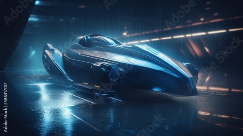 Futuristic electric bullet boat concept gliding through an advanced setting with holographic overlays, mixed digital 3D illustration and matte painting - AI Generated