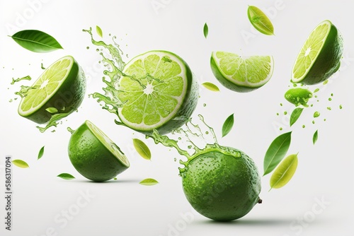 set of whole and cut limes with falling leaves on a white background. food levitation. Generative AI