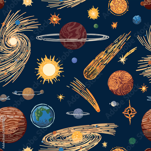 Abstract cosmic space seamless pattern. Ornament of planets, stars, comets, asteroids, galaxies. Hand drawn colorful vector illustrations.