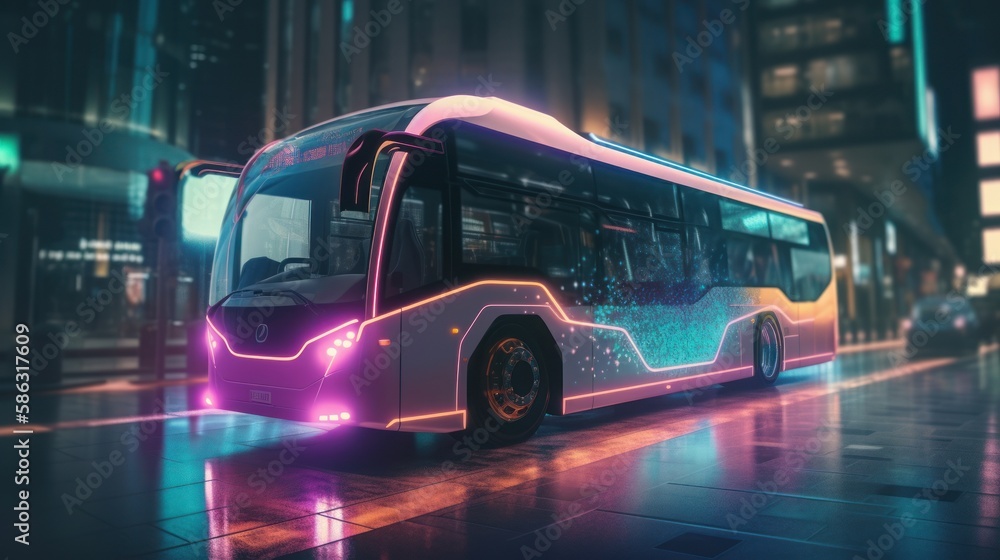 Innovative electric bullet bus design speeding through a futuristic setting with holographic overlays - AI Generated