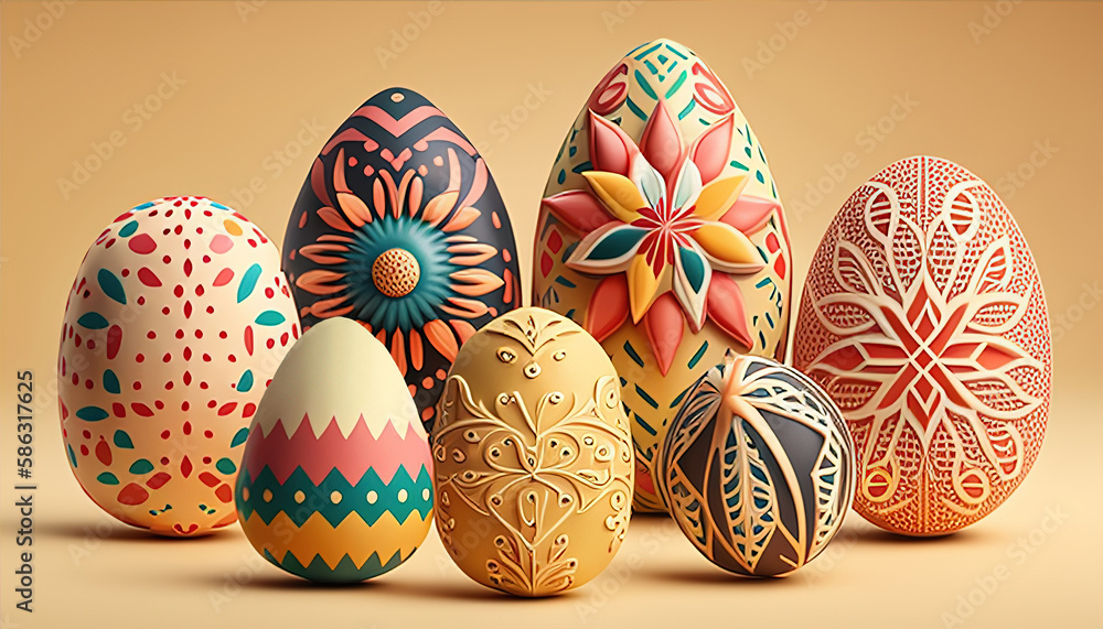 A group of easter eggs with different designs on them. On Yellow background A group of easter eggs with different designs on them. On Yellow background