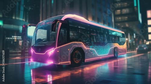 Innovative electric bullet bus design speeding through a futuristic setting with holographic overlays - AI Generated