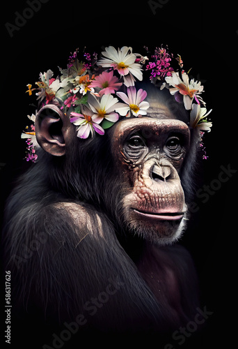 Wallpaper Mural Monkey with flowers on head, close up. Generative AI painting Torontodigital.ca