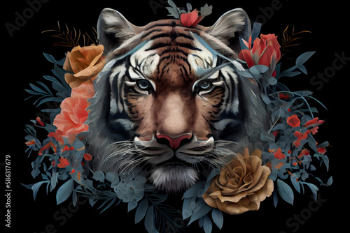 Tiger with flowers  close up. Generative AI painting