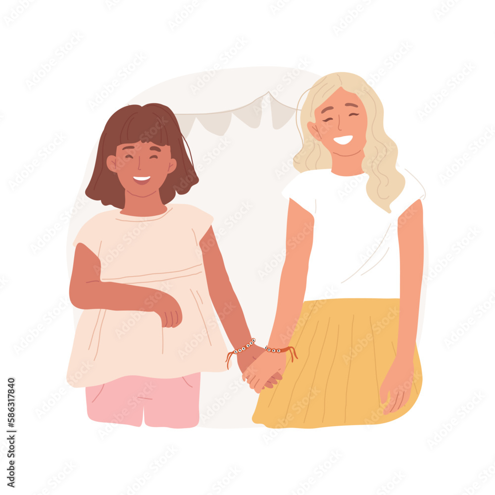 Friendship SWAPS isolated cartoon vector illustration. Girls wearing equal bracelets, holding hands, swapping DIY craft, exchange tokens of friendship, hand made, female friends vector cartoon. Friendship SWAPS isolated cartoon vector illustration. Girls wearing equal bracelets, holding hands, swapping DIY craft, exchange tokens of friendship, hand made, female friends vector cartoon.