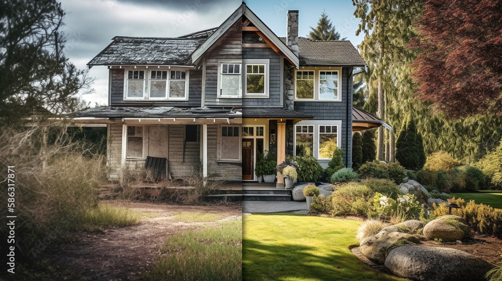 Run-down Country House Before And After Renovation Construction - Generative AI. Run-down Country House Before And After Renovation Construction - Generative AI.