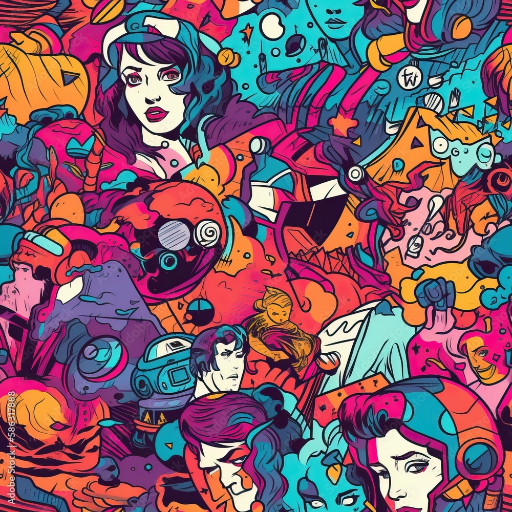 Bold outlines and bright colors, Comic book style, Playful, Vibrant and saturated lighting. Seamless background. Generated AI. Bold outlines and bright colors, Comic book style, Playful, Vibrant and saturated lighting. Seamless background. Generated AI.