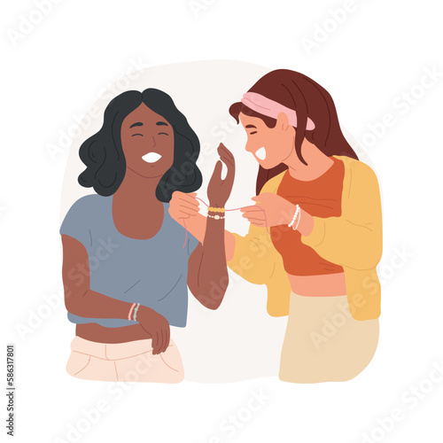 Bead bracelets isolated cartoon vector illustration. Teenage girls making friendship bracelets, weaving with beads, spending time together, human relationship, female friends vector cartoon.