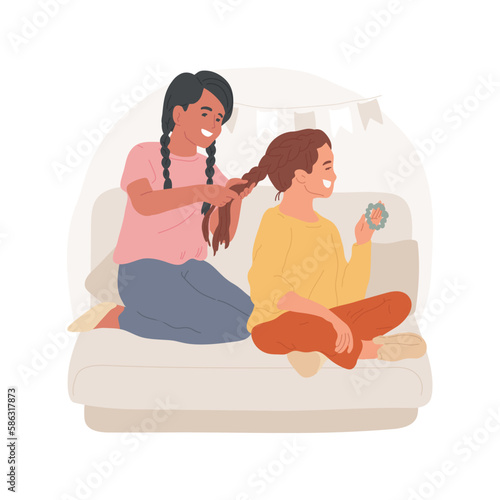 Girls braiding isolated cartoon vector illustration. Girls friendship, making a braid hairstyle, cute female children braiding each others hair, sleepover party, best friends vector cartoon.