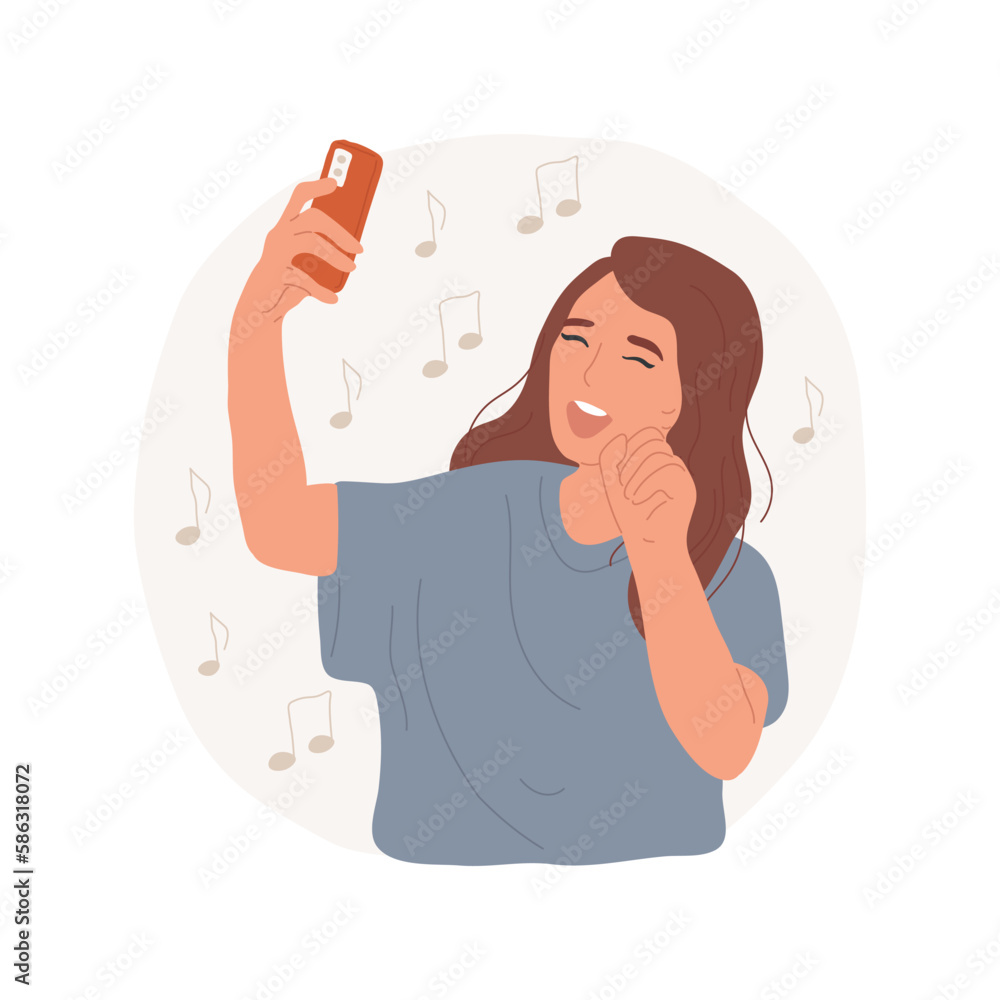 Singing video isolated cartoon vector illustration. Girl standing with clenched fist like a microphone, filming video on smartphone, social media challenge, singing in bedroom vector cartoon. Singing video isolated cartoon vector illustration. Girl standing with clenched fist like a microphone, filming video on smartphone, social media challenge, singing in bedroom vector cartoon.