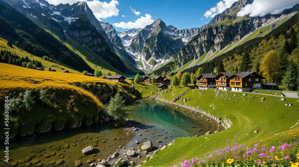  landscape with beautiful view of green valley with a mountain range some flowers and lake in the background, generative AI