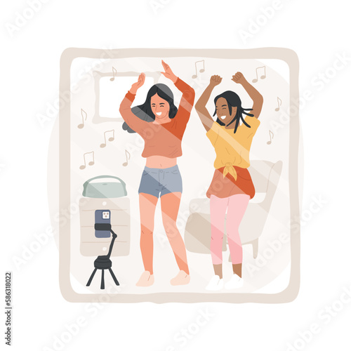 Dance video isolated cartoon vector illustration. Girls dancing together in front of the mirror, filming on smartphone camera, social media video challenge, friends having fun vector cartoon.