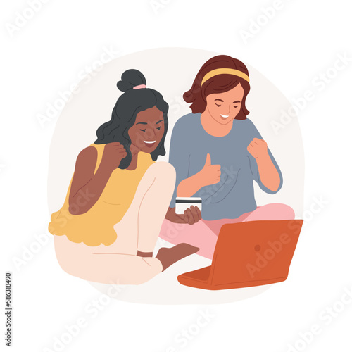 Lucky purchase isolated cartoon vector illustration. Smiling teenage girls making purchase on web sitting on couch, holding bank card in hand, online shopping, ecommerce store vector cartoon.