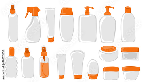 Set of blank cosmetic tubes and bottles. Beauty skincare products.  Vector illustration