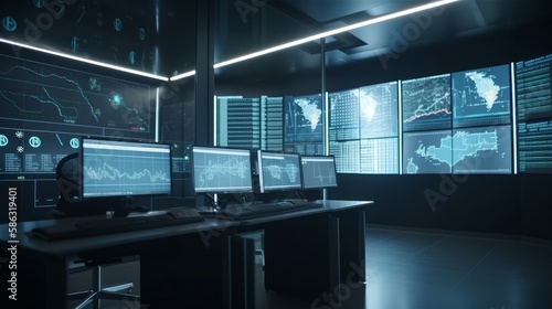 Trading office featuring futuristic screens displaying financial data, embodying robot trading and machine learning concepts for AI-driven finance. Rendered by AI.