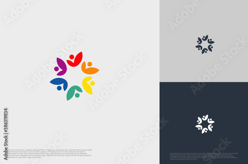 abstract global crown people colorful logo minimalist style illustration. Teamwork symbol.