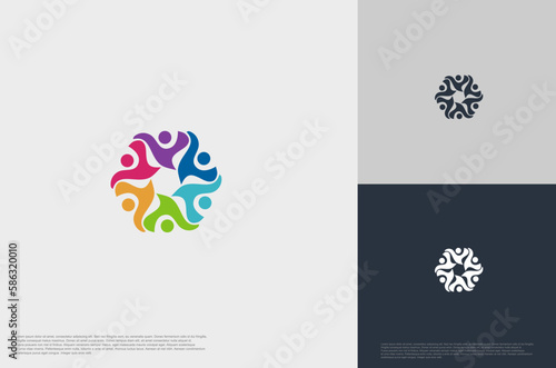 abstract global crown people colorful logo minimalist style illustration. Teamwork symbol.